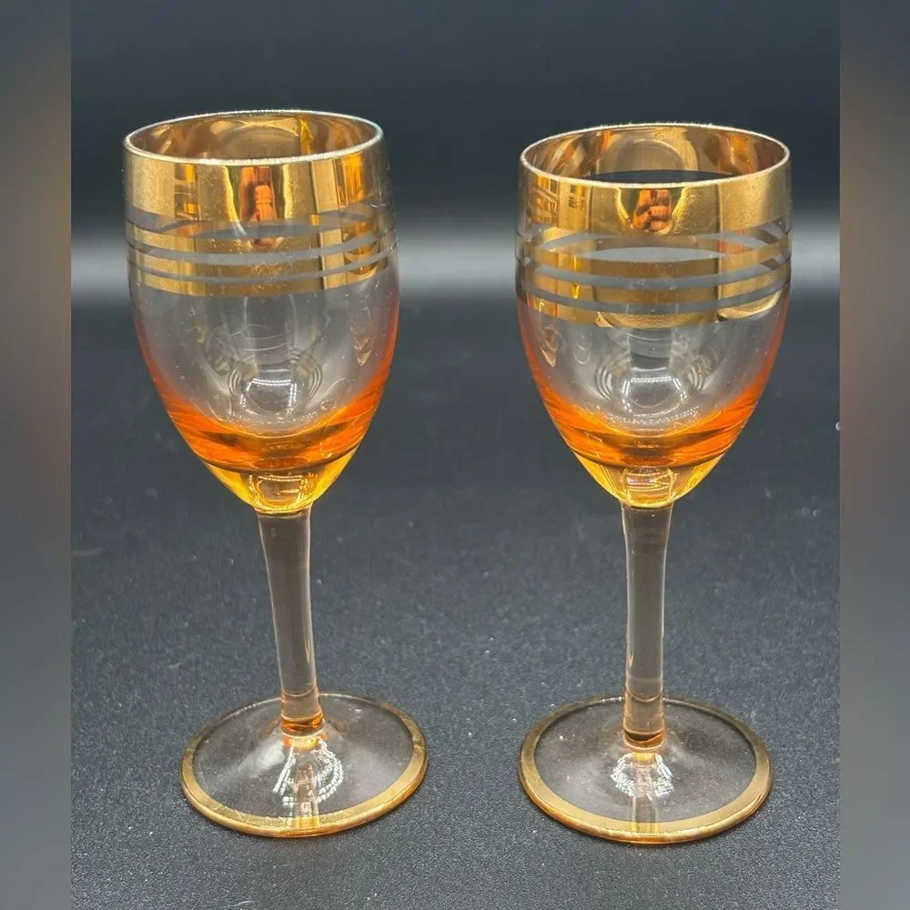 Vtg. (3) Amber Optic Gold Trim Sherry Cordial Stem Glasses Orange Yellow MCM